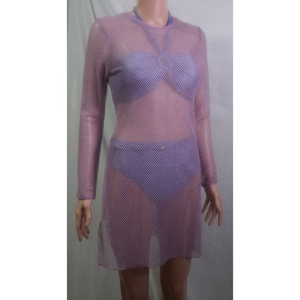 Miken Long Sleeve Purple Open-knit mesh Cover Up, Med